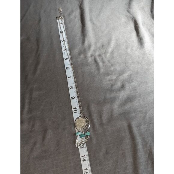 1929 Genuine Buffalo Nickel Faux Turquoise Stones Silver Tone Feather Pendant - Picture 3 of 4